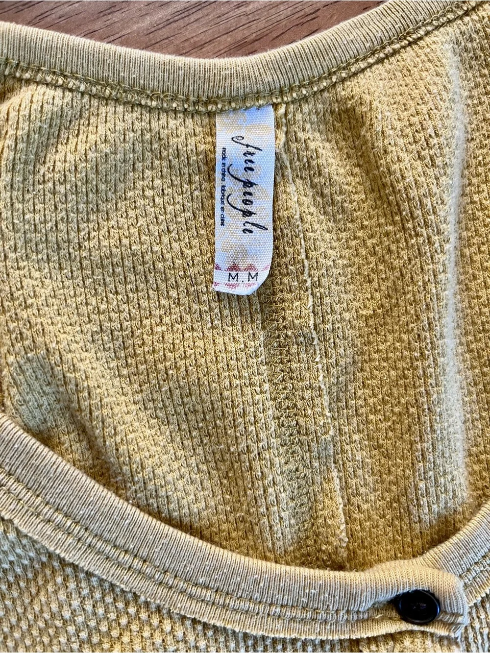 Free People Yellow Waffle Knit Henley Top Boho Contrast Knit Cuffs Women’s M